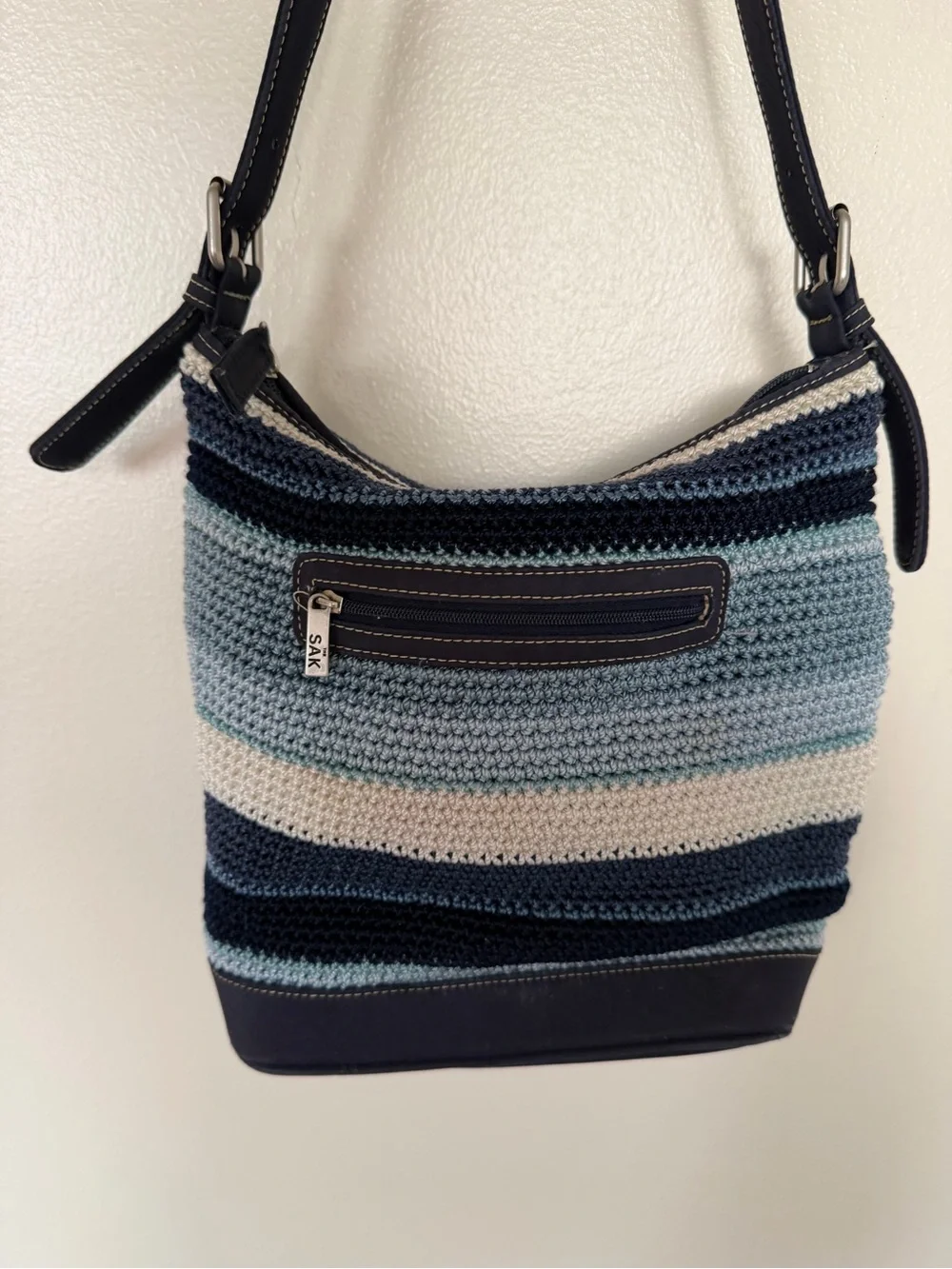 THE SAK Vintage Blue Stripe Crochet Knit Hobo Shoulder Bag